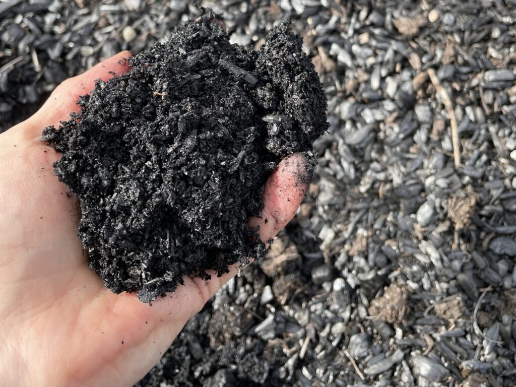 Hand holding a handful of dark, crumbly biochar or compost blend, with additional charred wood fragments visible in the background.